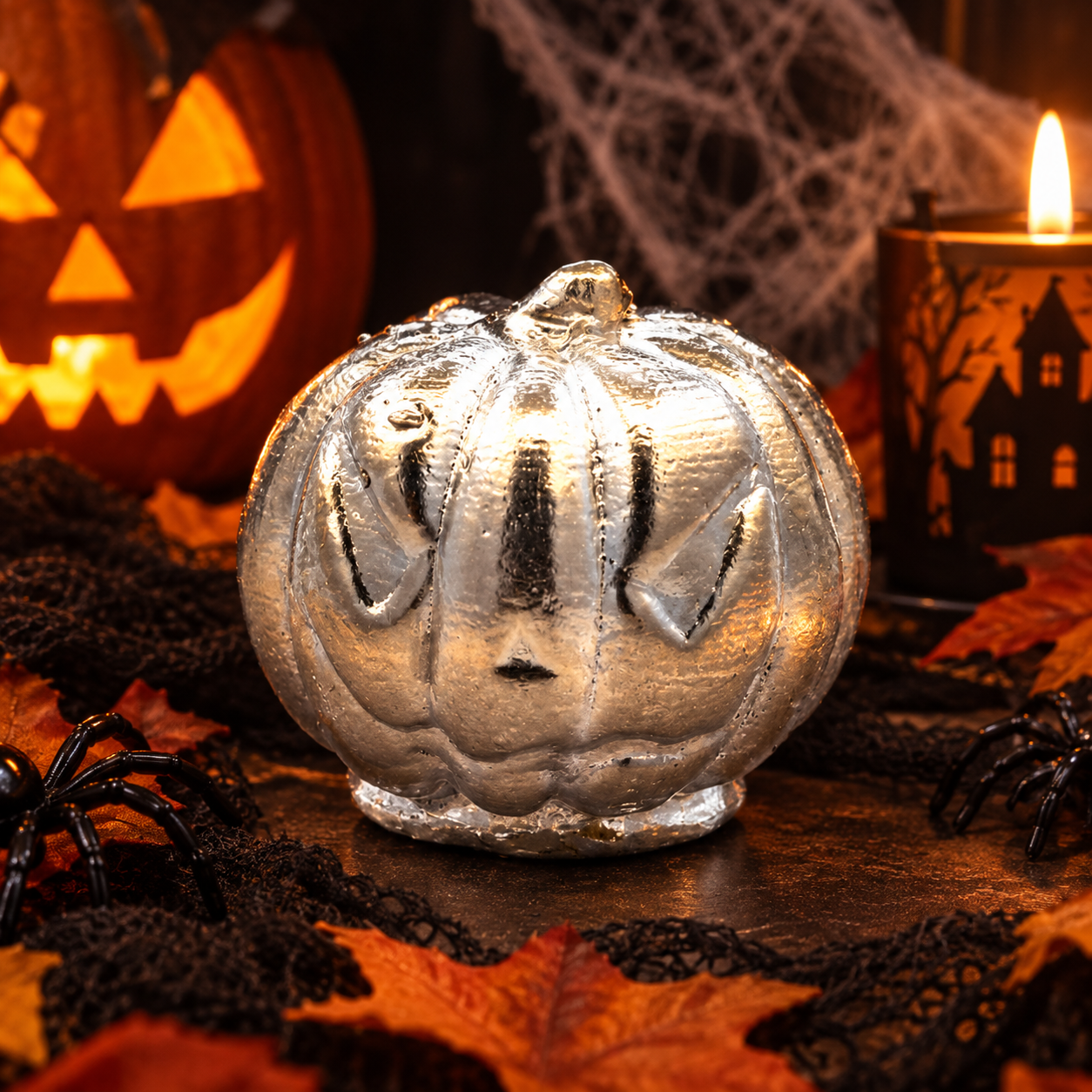 Small Hand Poured Silver 3-D Jack-O-Lantern